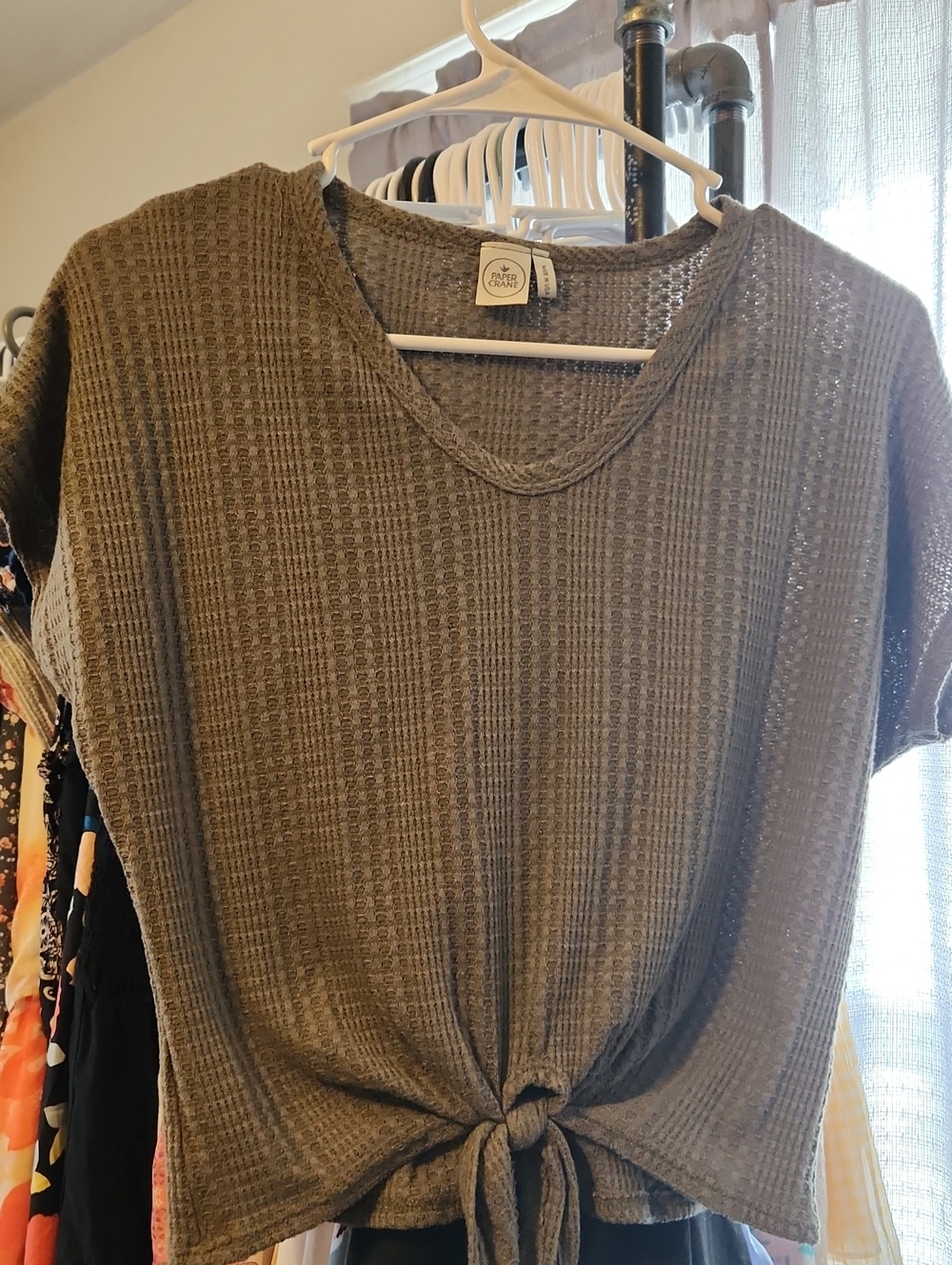 Paper Crane Olive Knit Tie-Front Crop Top